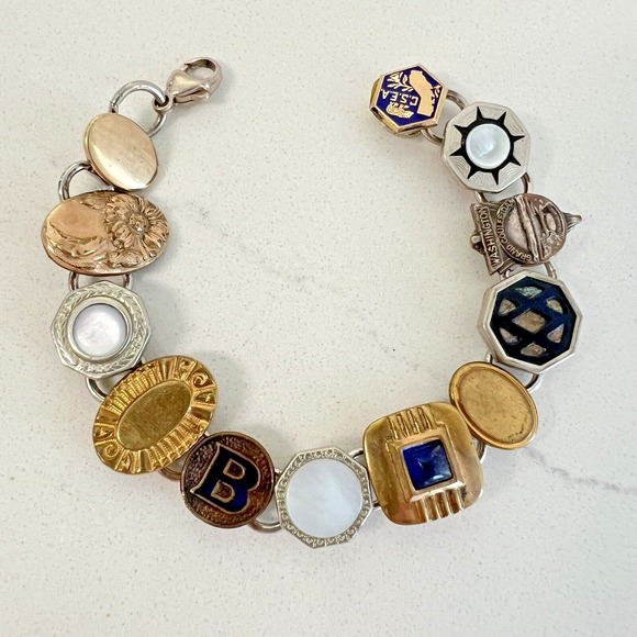Vintage Antique Repurposed Cufflinks Bracelet Initial "B" Gold Filled MOP - Picture 1 of 10